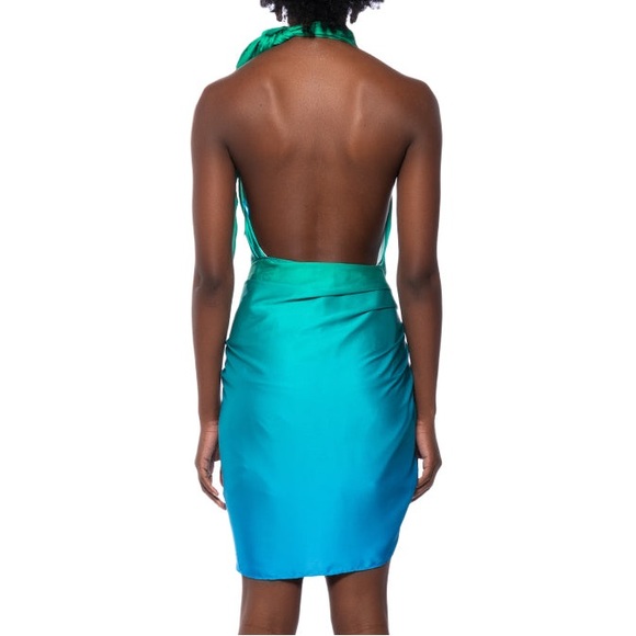Luxxel Waves of Blue Halter Ombré Wrap Front Mini Dress Size L - Picture 3 of 12